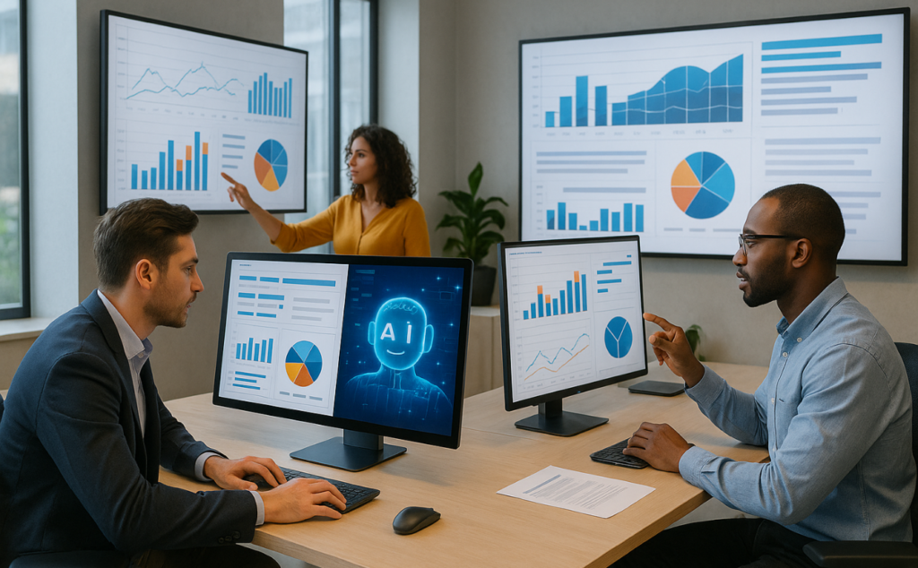 Ilustração de um ambiente de trabalho moderno com profissionais interagindo com dashboards e gráficos gerados por sistemas de IA, destacando a automação de processos analíticos.