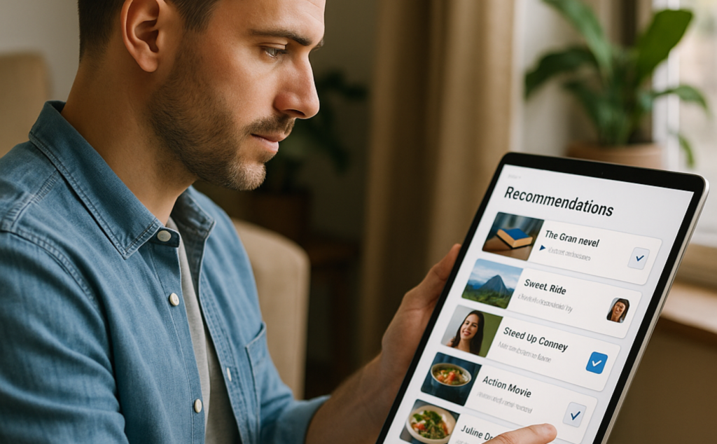 Cena mostrando um usuário interagindo com uma plataforma digital que oferece recomendações personalizadas, evidenciando a aplicação da IA na melhoria da experiência do cliente.